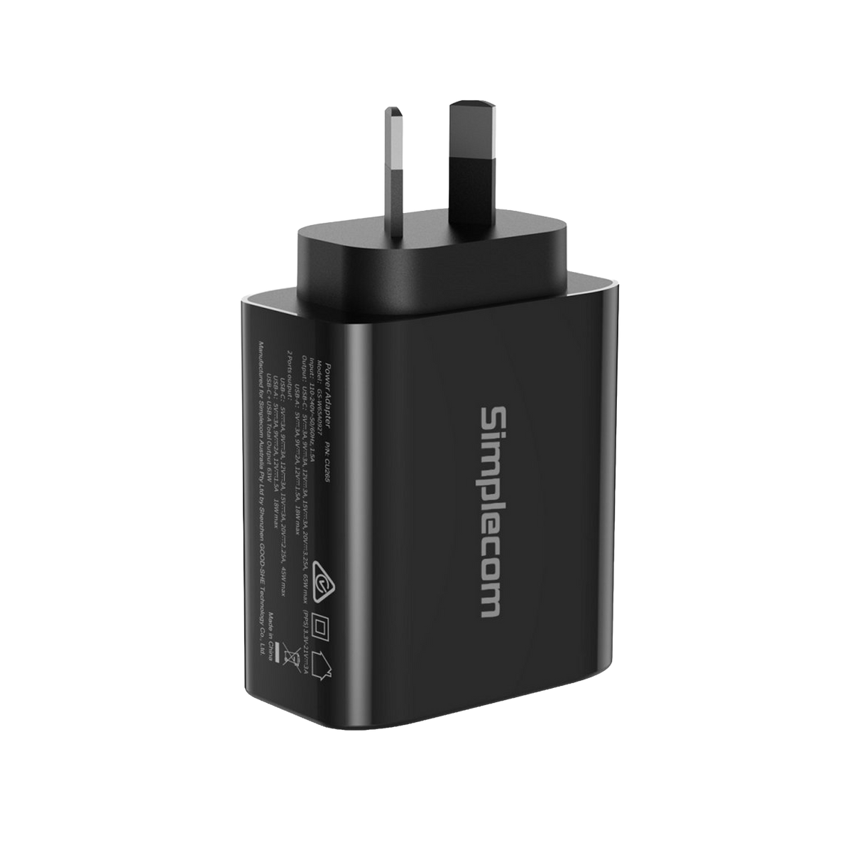 Simplecom CU265 Dual Port PD 65W GaN Fast Wall Charger USB-C + USB-A