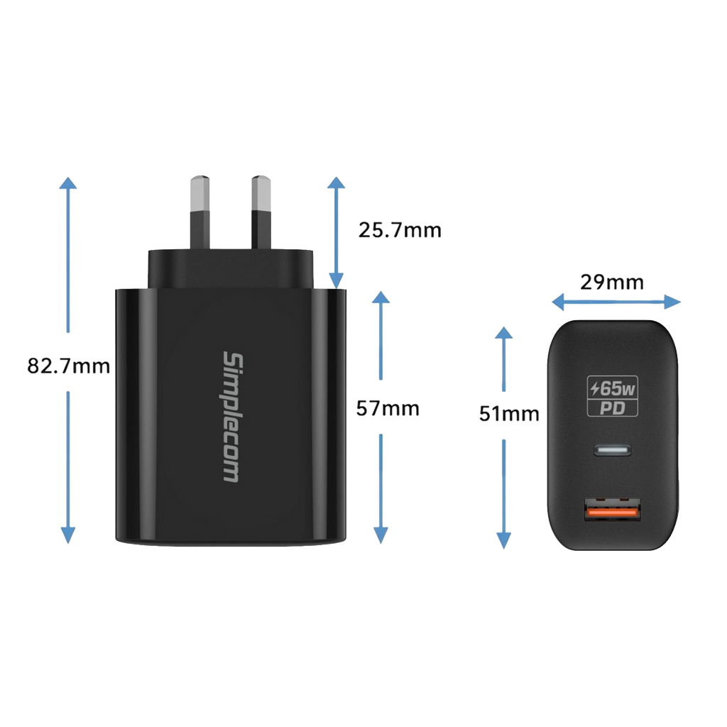 Simplecom CU265 Dual Port PD 65W GaN Fast Wall Charger USB-C + USB-A