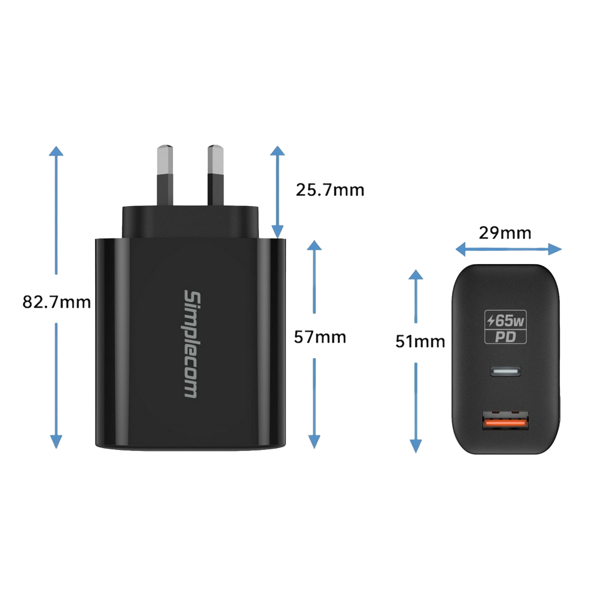 Simplecom CU265 Dual Port PD 65W GaN Fast Wall Charger USB-C + USB-A