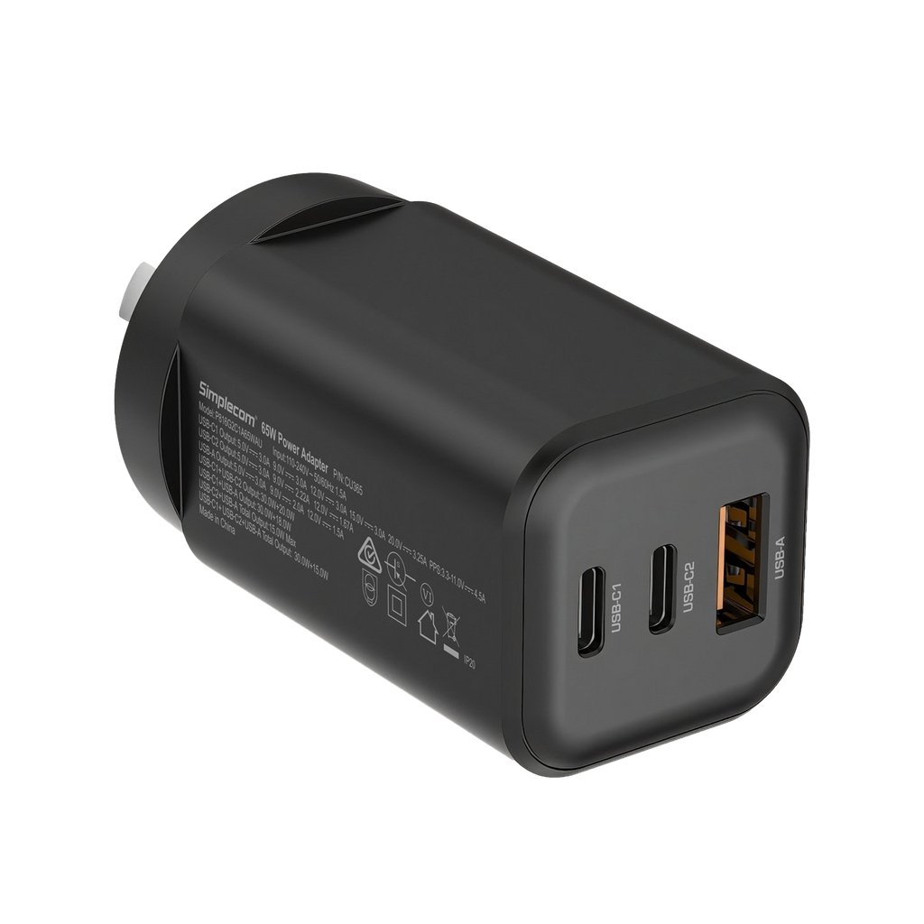 Simplecom CU365 3 Port PD 65W GaN Wall Charger Dual USB-C + USB-A