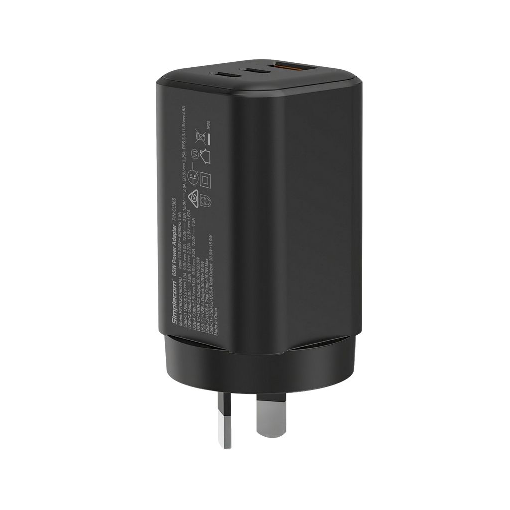 Simplecom CU365 3 Port PD 65W GaN Wall Charger Dual USB-C + USB-A
