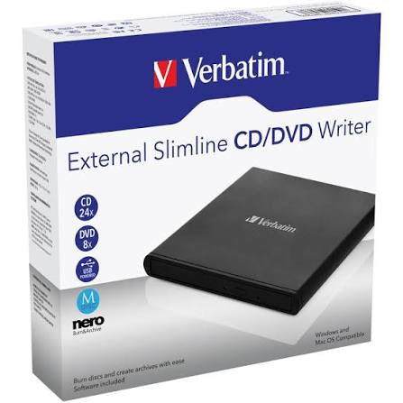 Verbatim External Slimline DVD / CD Writer, Burner, Reader, Player, Ultra Portable for Notebooks, Nero Software, USB Powered Black Mobile, Retail 2025 [PC]