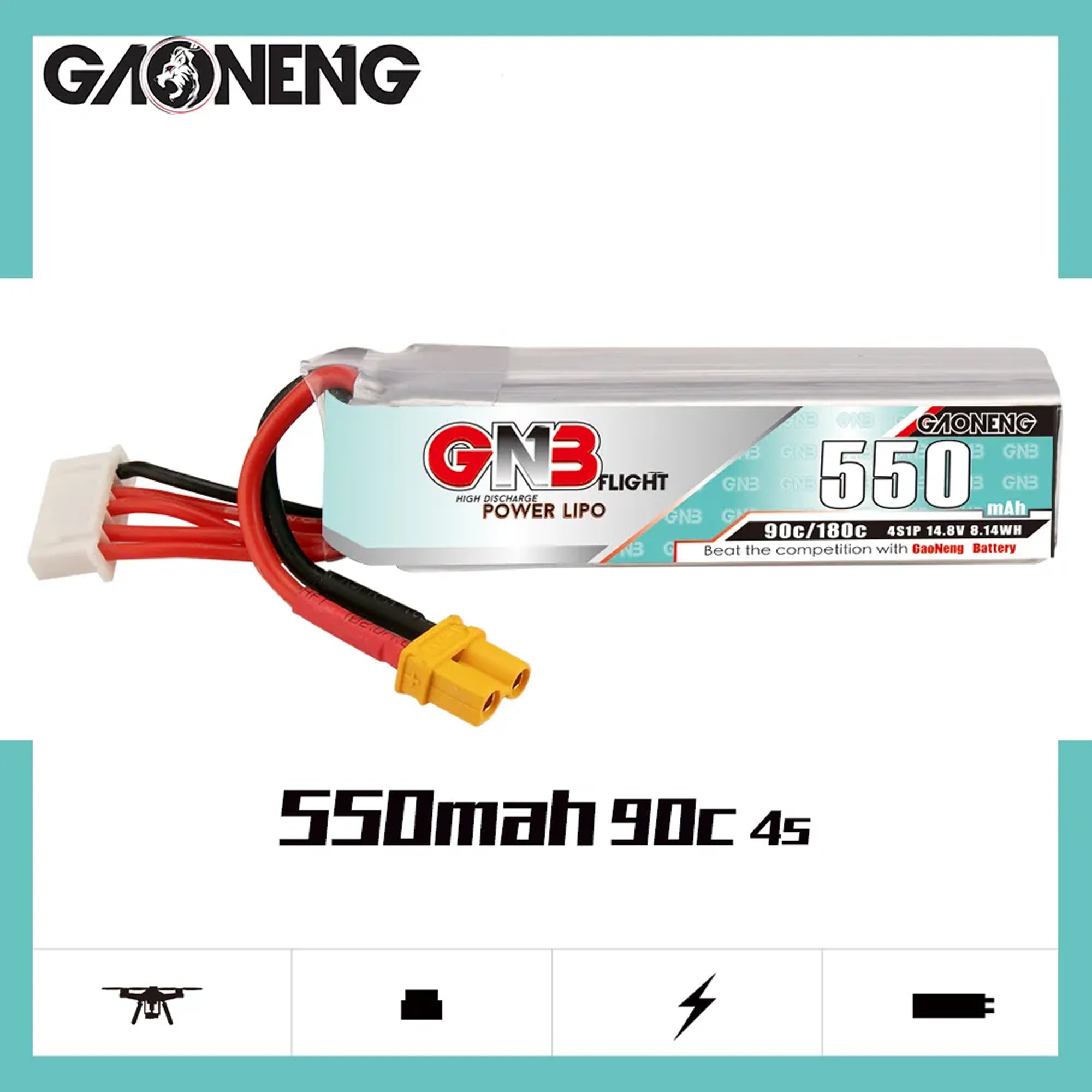GAONENG GNB 4S 14.8V 550mAh 90C XT30 LiPo Battery Long Type [DG]
