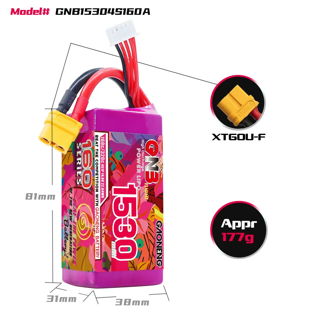 GAONENG GNB 4S 14.8V 1530mAh 160C XT60 LiPo Battery [DG]