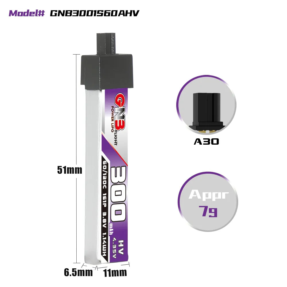 GAONENG GNB LiHV 1S 3.8V 300mAh 60C A30 Plastic Head LiPo Battery [DG]