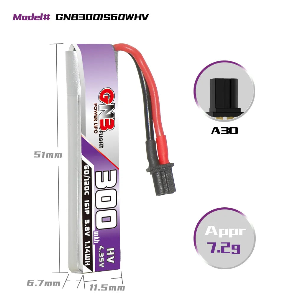 GAONENG GNB LiHV 1S 3.8V 300mAh 60C A30 Cabled LiPo Battery [DG]