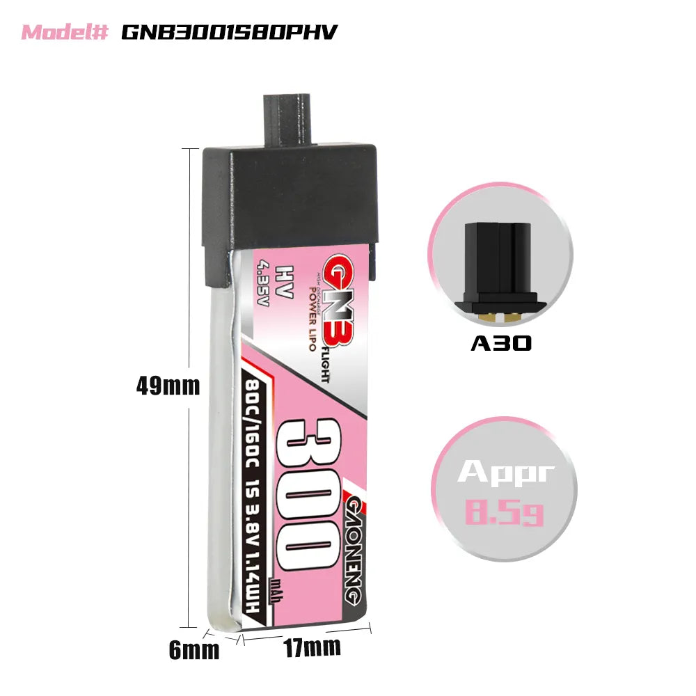GAONENG GNB LiHV 1S 3.8V 300mAh 80C A30 Plastic Head LiPo Battery [DG]