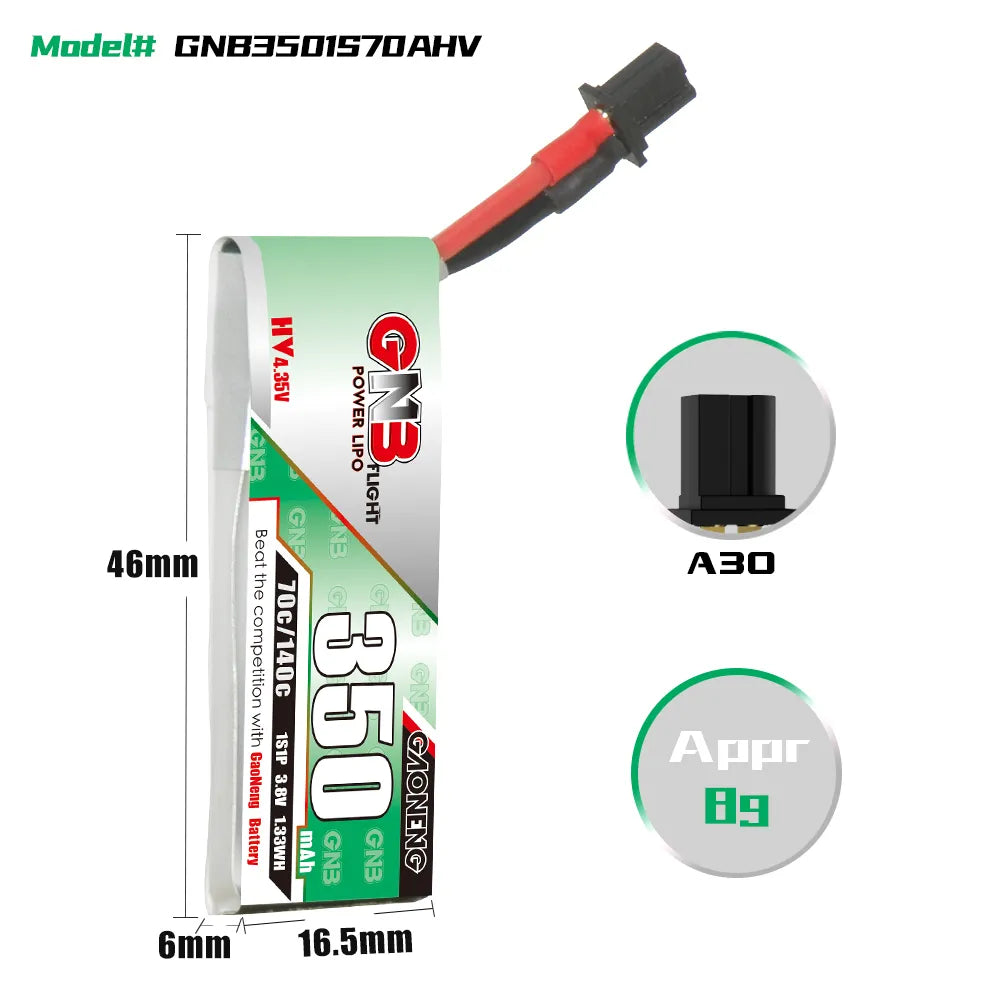GAONENG GNB LiHV 1S 3.8V 350mAh 70C A30 Cabled LiPo Battery [DG]