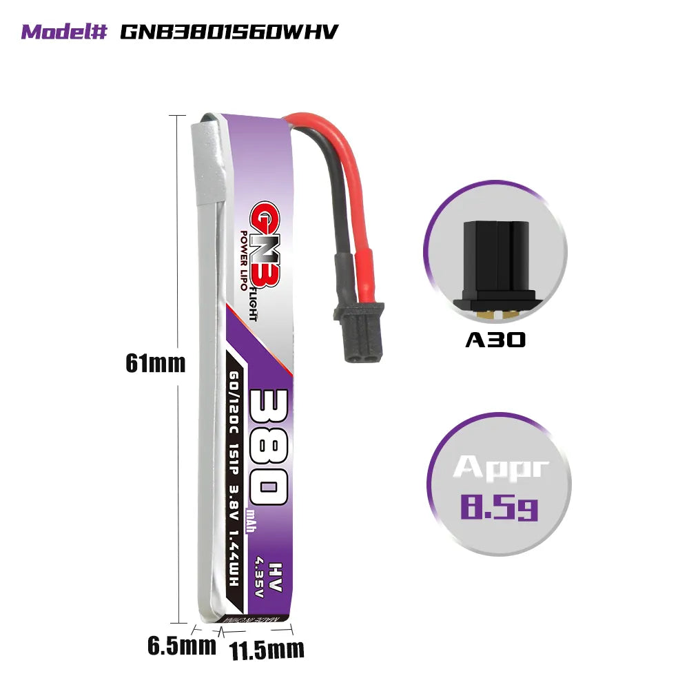 GAONENG GNB LiHV 1S 3.8V 380mAh 60C A30 Cabled LiPo Battery [DG]