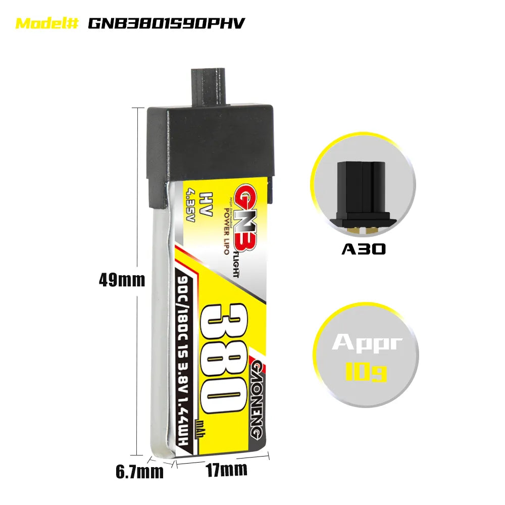 GAONENG GNB LiHV 1S 3.8V 380mAh 90C A30 Plastic Head LiPo Battery [DG]