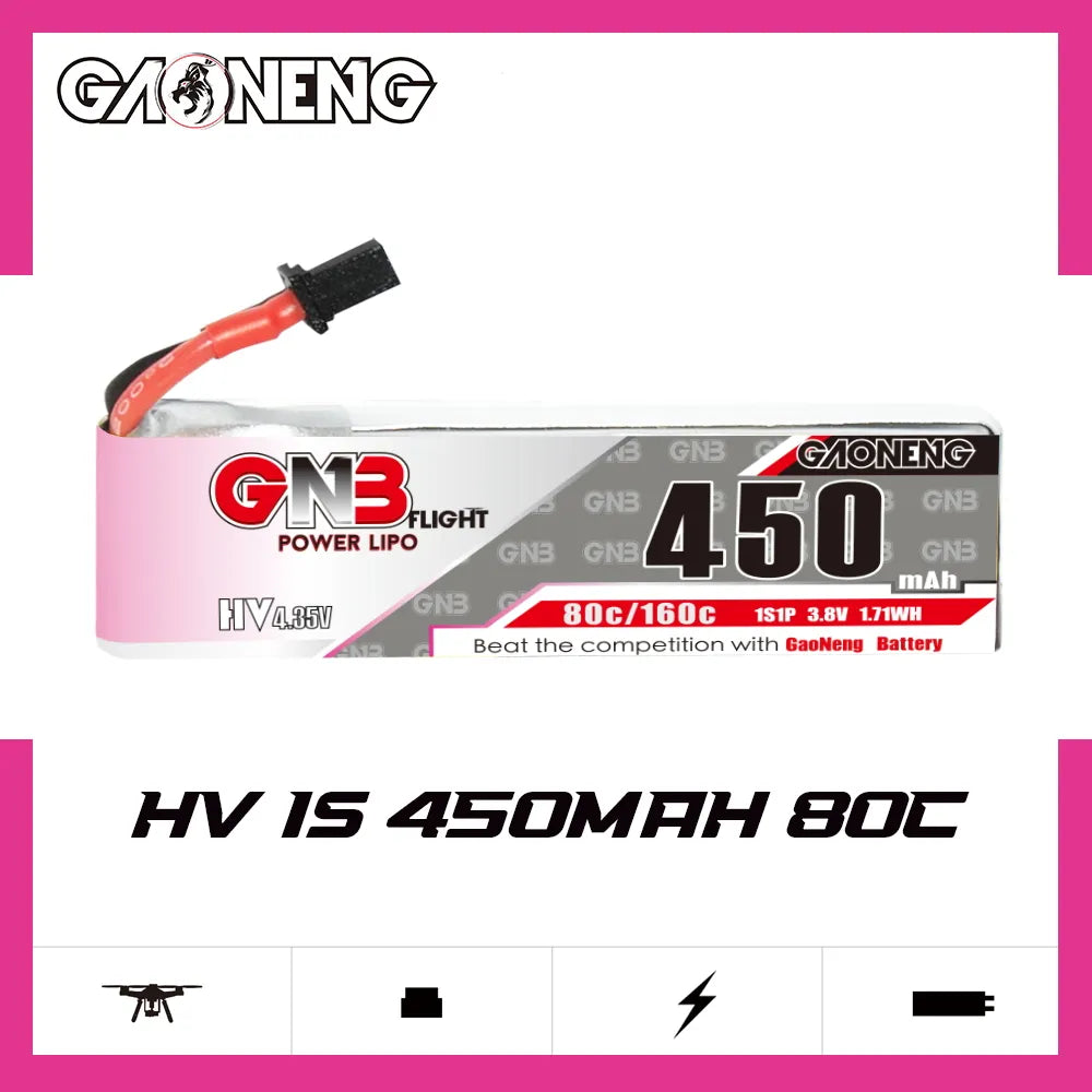 GAONENG GNB LiHV 1S 3.8V 450mAh 80C A30 Cabled LiPo Battery [DG]