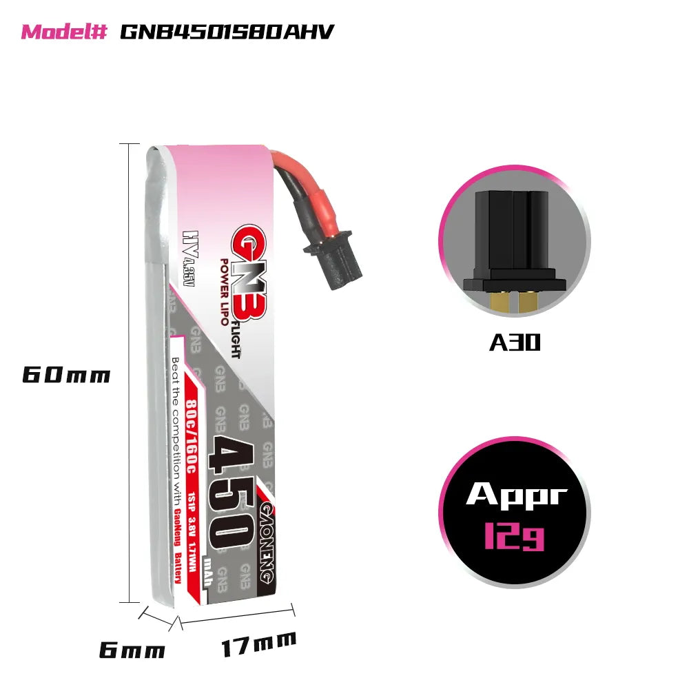 GAONENG GNB LiHV 1S 3.8V 450mAh 80C A30 Cabled LiPo Battery [DG]
