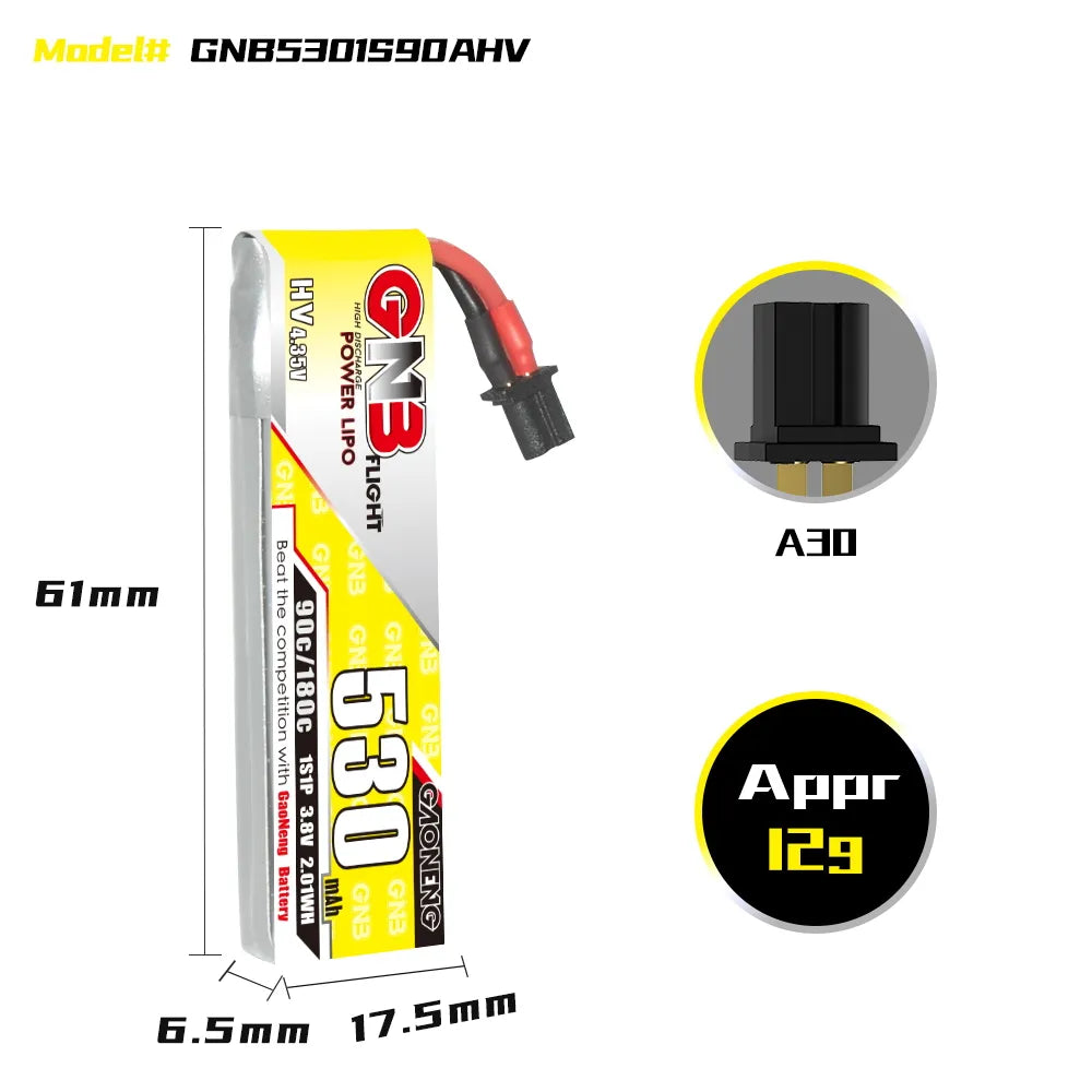 GAONENG GNB LiHV 1S 3.8V 530mAh 90C A30 Cabled LiPo Battery [DG]