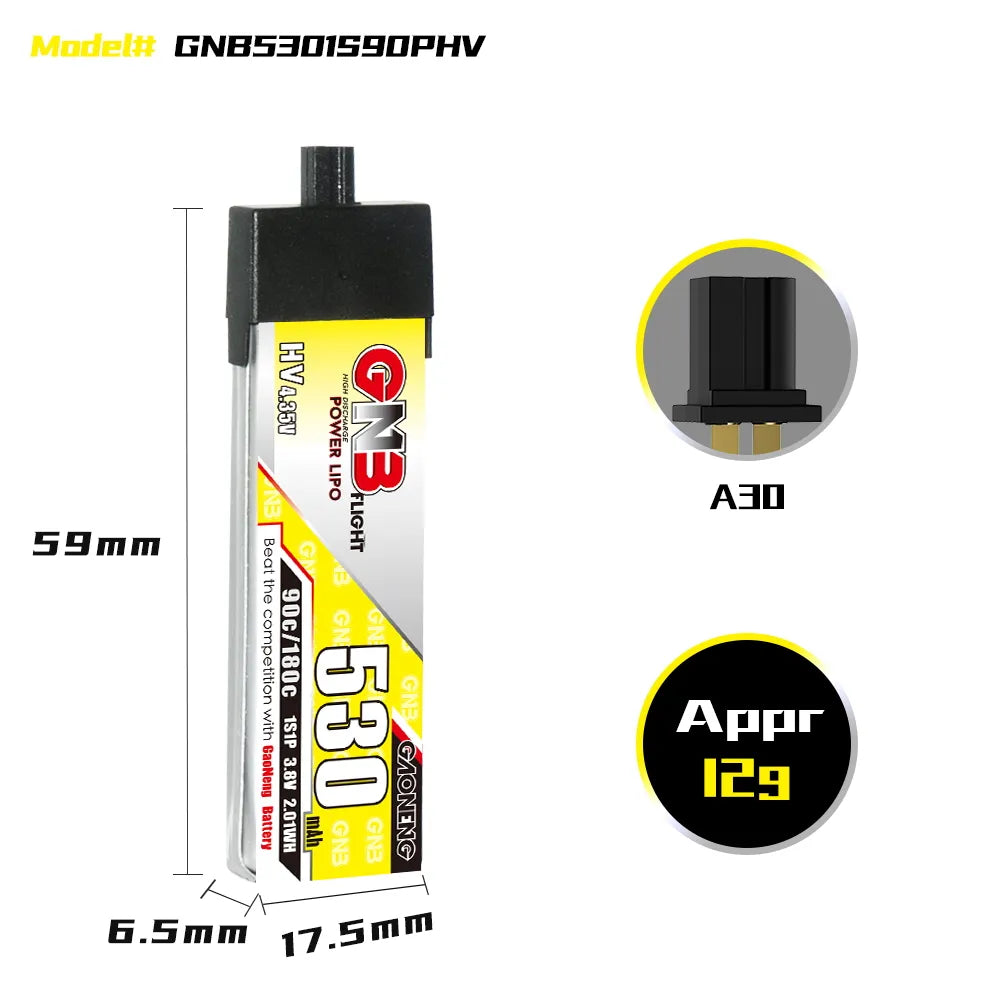 GAONENG GNB LiHV 1S 3.8V 530mAh 90C A30 Plastic Head LiPo Battery [DG]