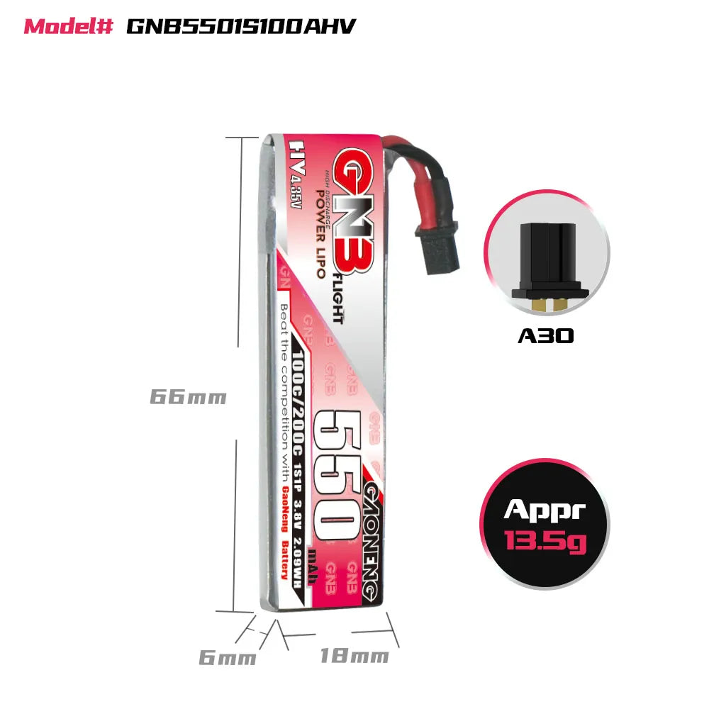 GAONENG GNB LiHV 1S 3.8V 550mAh 100C A30 Cabled LiPo Battery [DG]