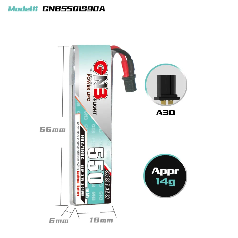 GAONENG GNB 1S 3.7V 550mAh 90C A30 Cabled LiPo Battery Long Type [DG]