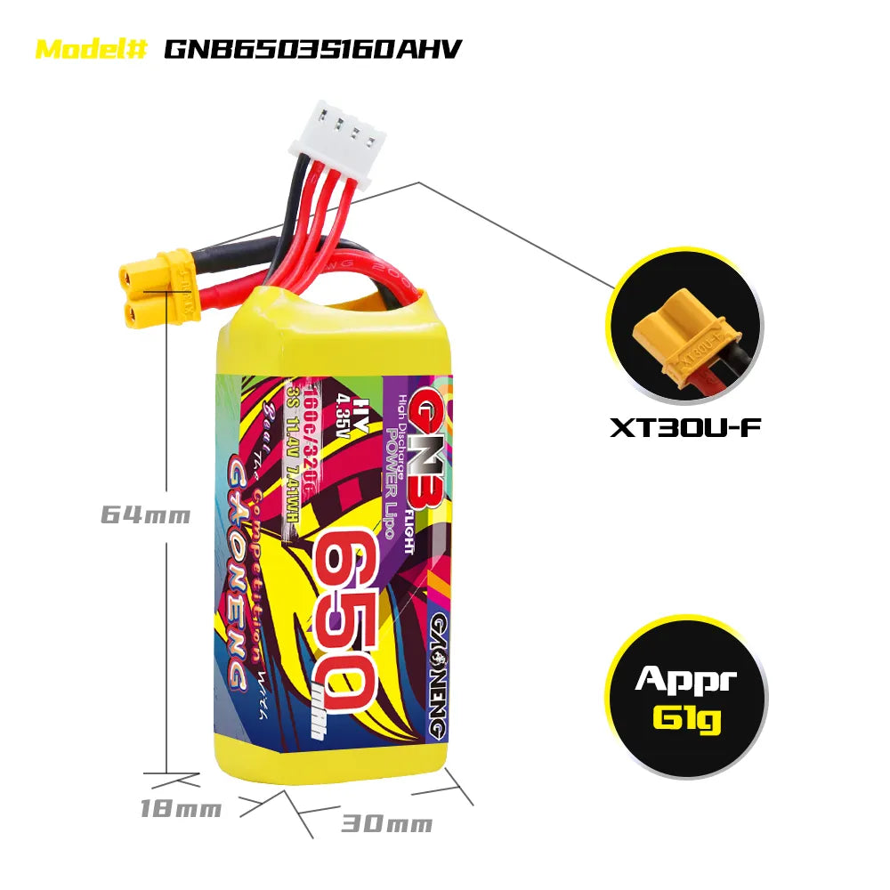 GAONENG GNB LiHV 3S 11.4V 650mAh 160C XT30 LiPo Battery [DG]