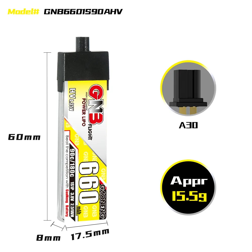 GAONENG GNB LiHV 1S 3.8V 660mAh 90C A30 Plastic Head LiPo Battery [DG]