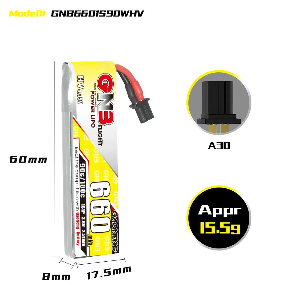 GAONENG GNB LiHV 1S 3.8V 660mAh 90C A30 Cabled LiPo Battery [DG]
