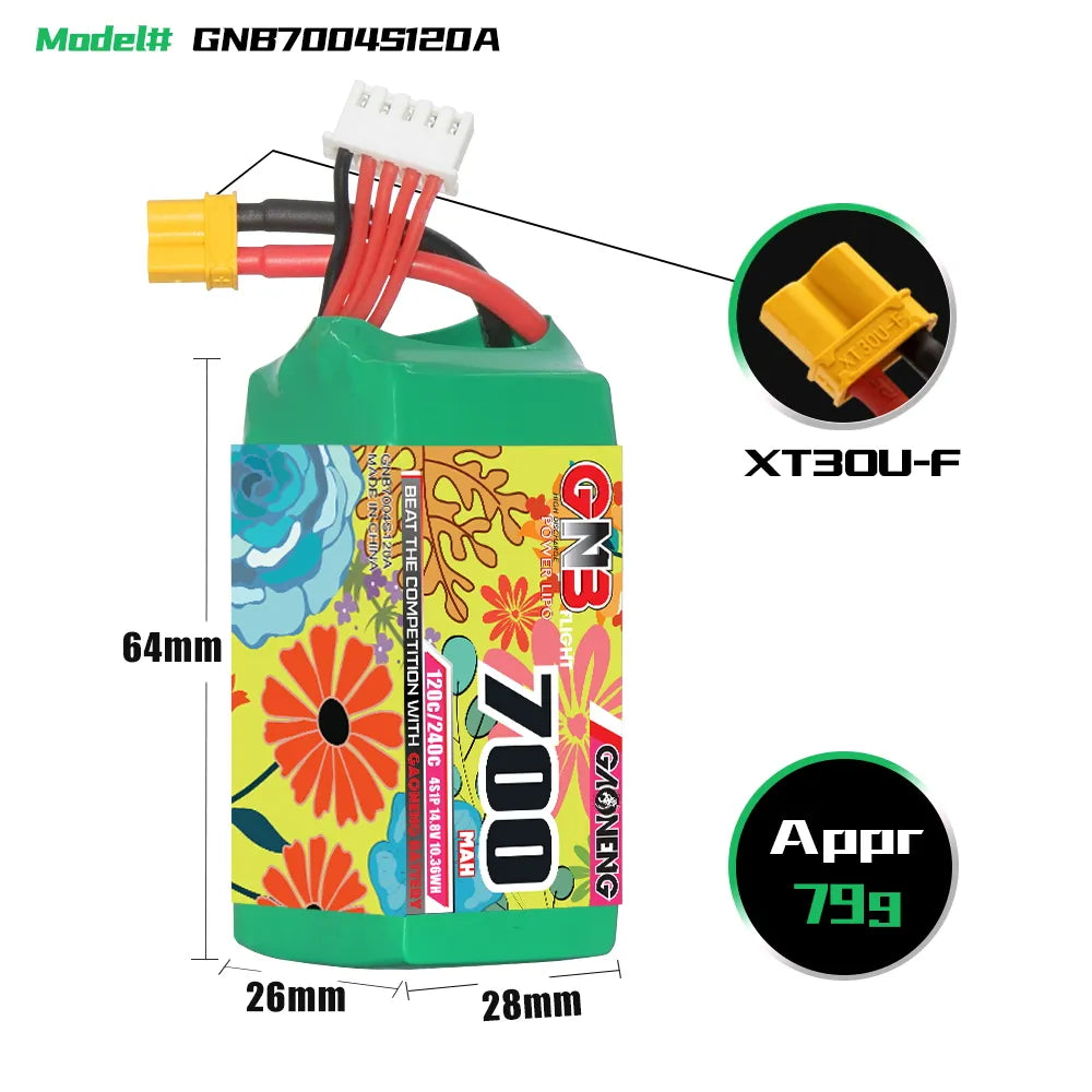 GAONENG GNB 4S 14.8V 700mAh 120C XT30 LiPo Battery [DG]