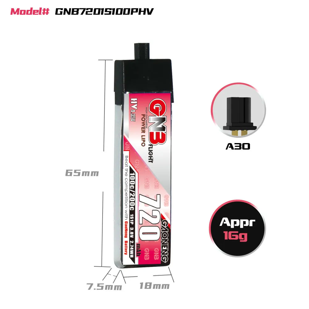 GAONENG GNB LiHV 1S 3.8V 720mAh 100C A30 Plastic Head LiPo Battery [DG]