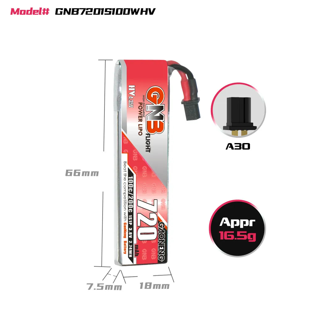 GAONENG GNB LiHV 1S 3.8V 720mAh 100C A30 Cabled LiPo Battery [DG]