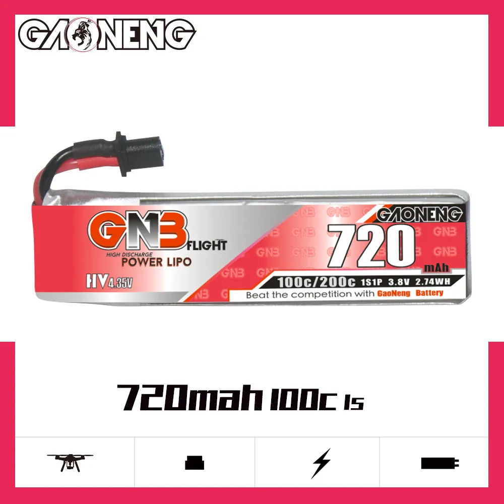GAONENG GNB LiHV 1S 3.8V 720mAh 100C A30 Cabled LiPo Battery [DG]