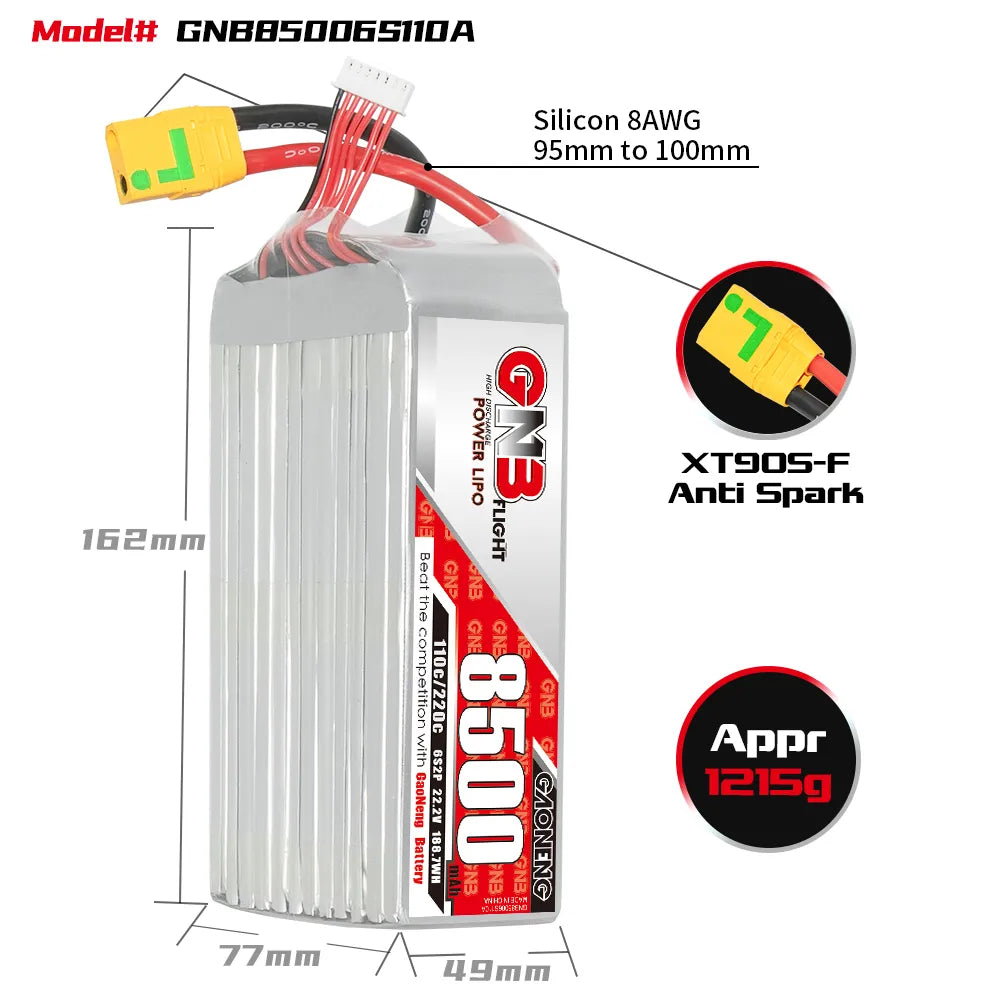 GAONENG GNB 6S 22.2V 8500mAh 110C RC LiPo Battery XT90S Anti Spark [DG]