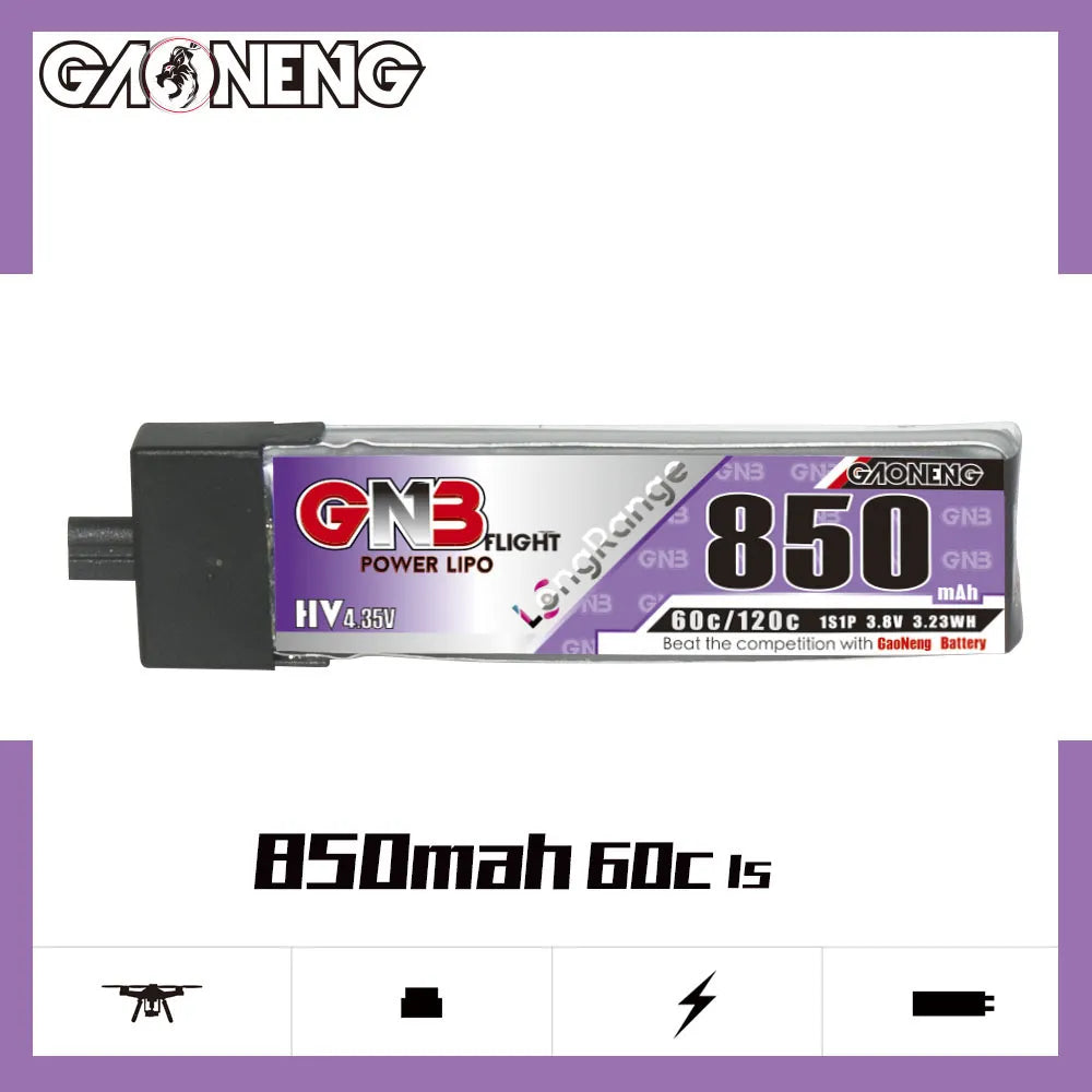 GAONENG GNB LiHV 1S 3.8V 850mAh 60C A30 Plastic Head LiPo Battery Long Range [DG]