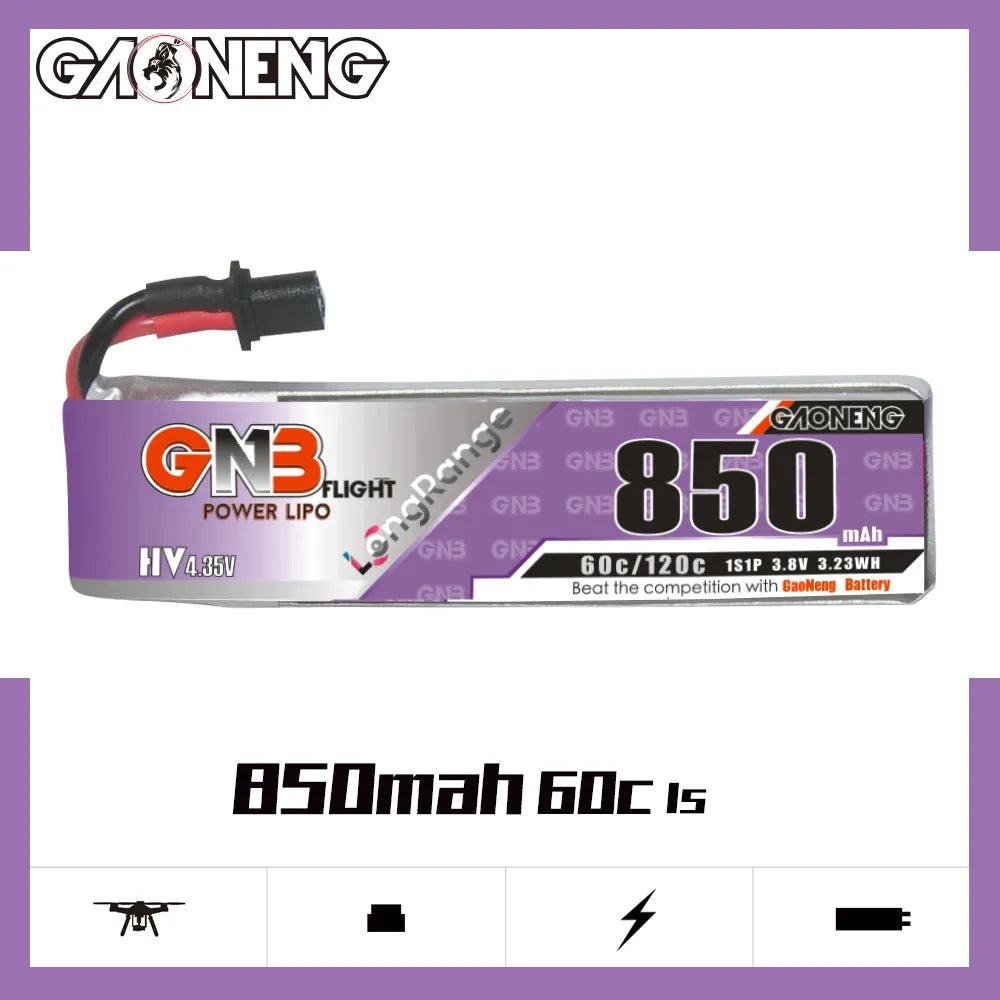 GAONENG GNB LiHV 1S 3.8V 850mAh 60C A30 Cabled LiPo Battery Long Range [DG]