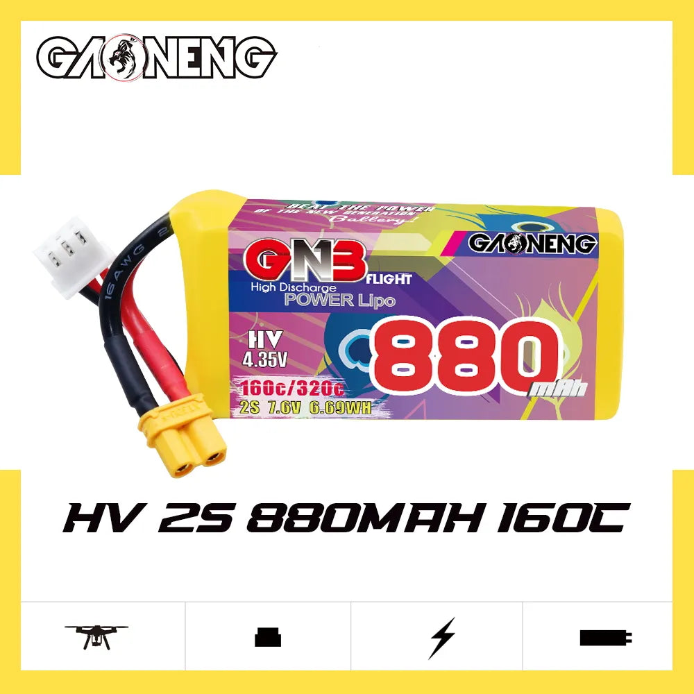 GAONENG GNB LiHV 2S 7.6V 880mah 160C XT30 LiPo Battery [DG]