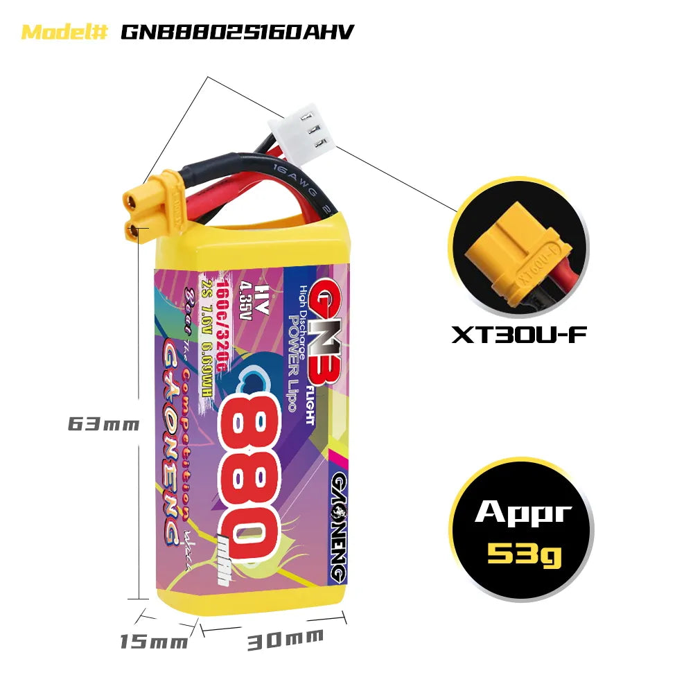 GAONENG GNB LiHV 2S 7.6V 880mah 160C XT30 LiPo Battery [DG]