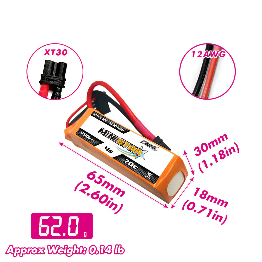 CNHL MiniStar 450mAh 15.2V 4S 70C LiHV Lipo Battery XT30 (3pcs) [DG]