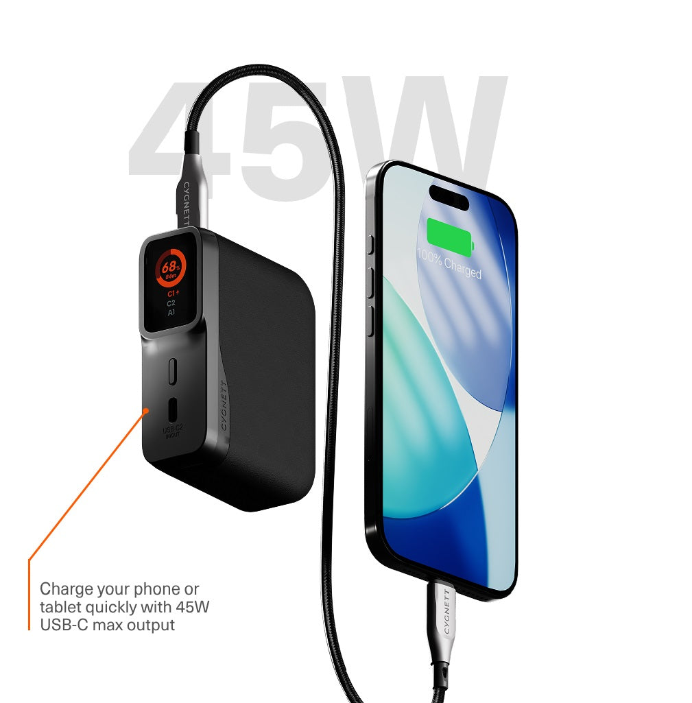 Cygnett Encore 10000mAh Power Bank - Graphite (CY5630PBCHE), 45W, 2x USB-C PD, 1x USB-A Ports, LED Display,Fast Charge,3x Device Charge,2 Years Warranty [DG]