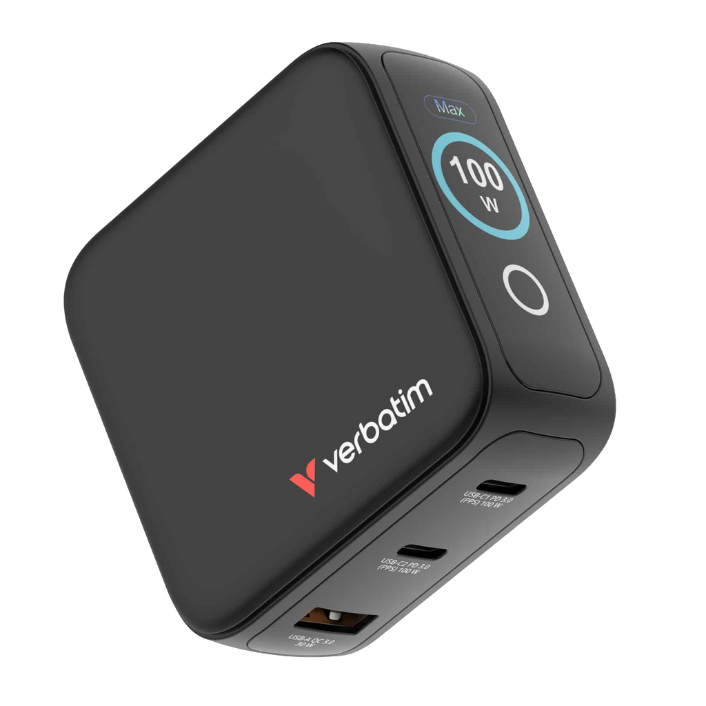Verbatim Mini GaN Charger 100W with Display Compact 3-port wall charger with USB-C® Power Delivery and Quick Charge 3.0 [PC]