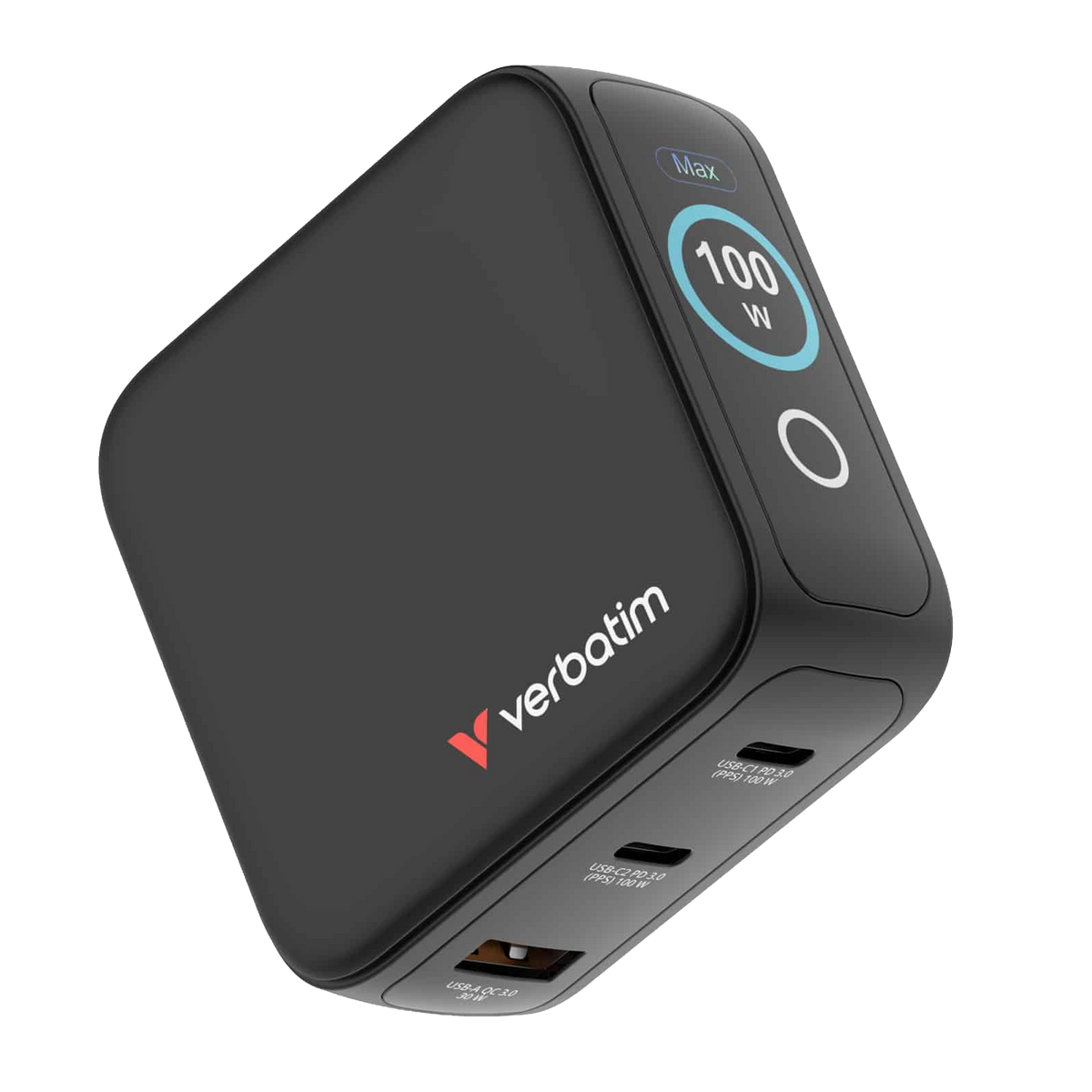Verbatim Mini GaN Charger 100W with Display Compact 3-port wall charger with USB-C® Power Delivery and Quick Charge 3.0 [PC]