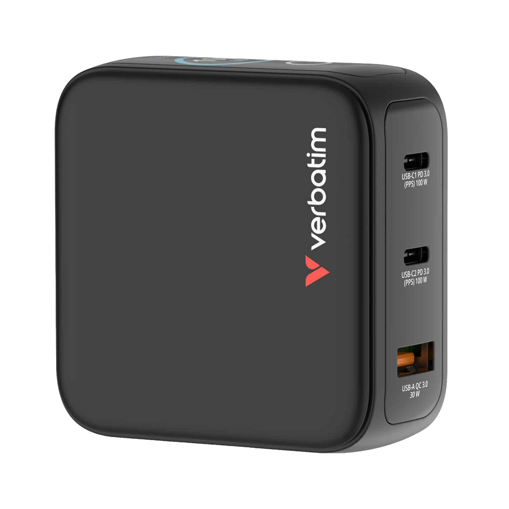 Verbatim Mini GaN Charger 100W with Display Compact 3-port wall charger with USB-C® Power Delivery and Quick Charge 3.0 [PC]