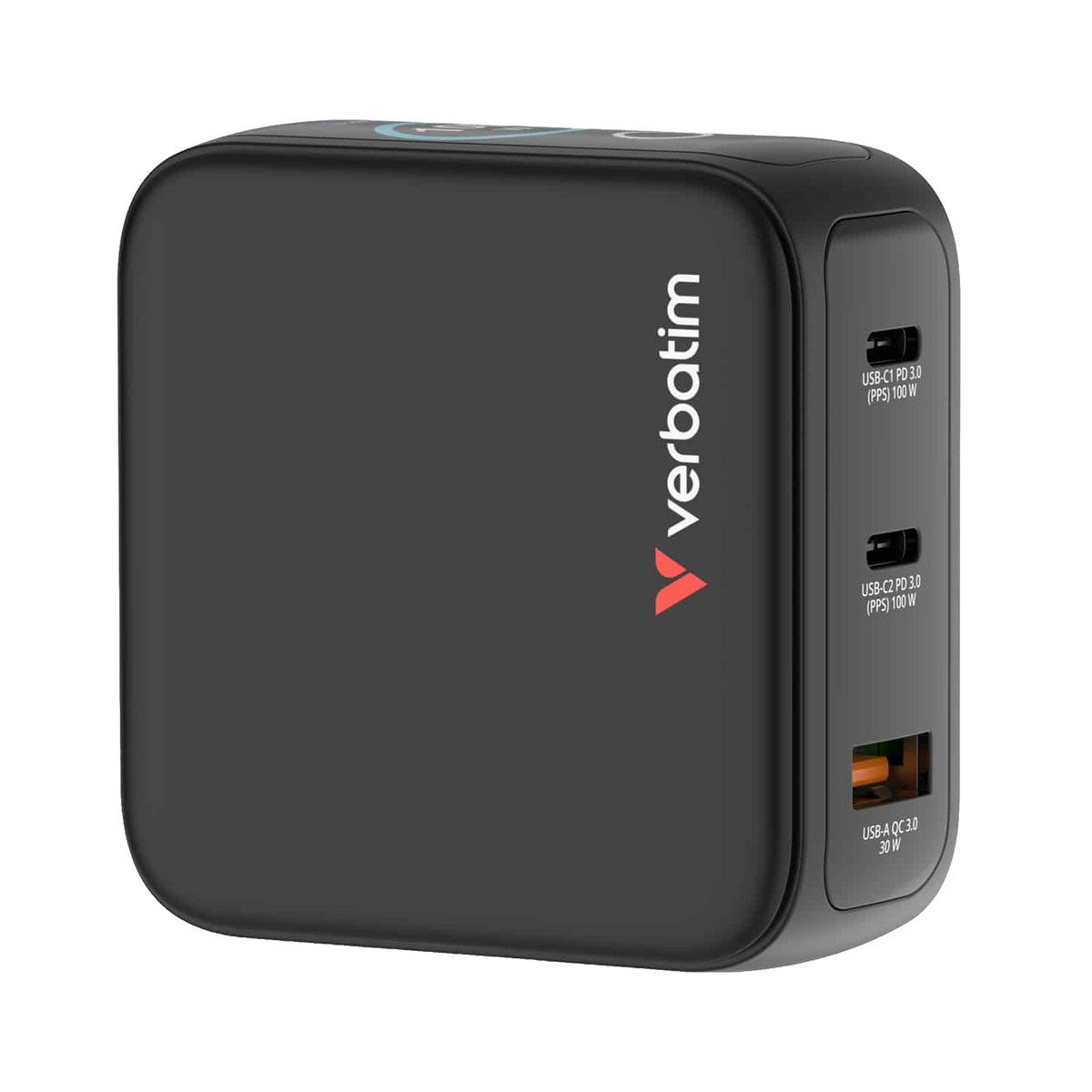 Verbatim Mini GaN Charger 100W with Display Compact 3-port wall charger with USB-C® Power Delivery and Quick Charge 3.0 [PC]