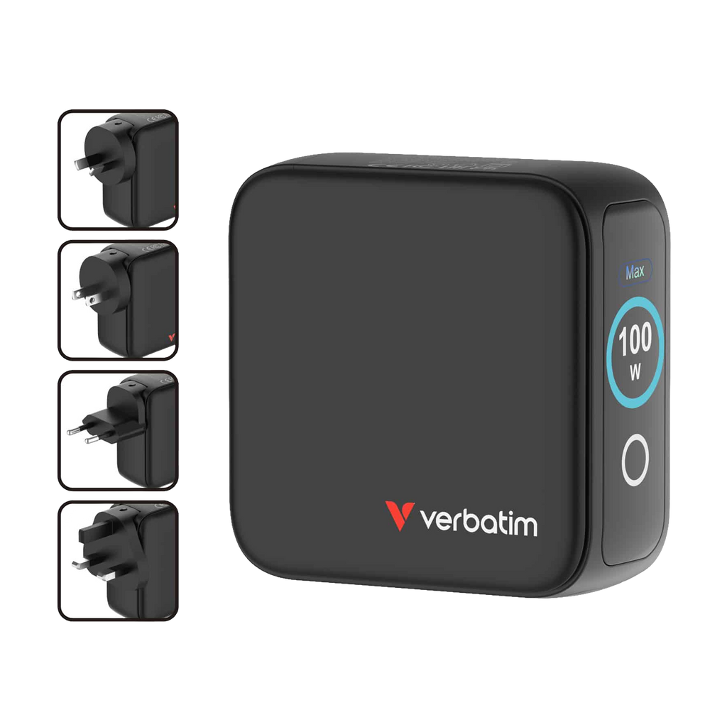 Verbatim Mini GaN Charger 100W with Display Compact 3-port wall charger with USB-C® Power Delivery and Quick Charge 3.0 [PC]