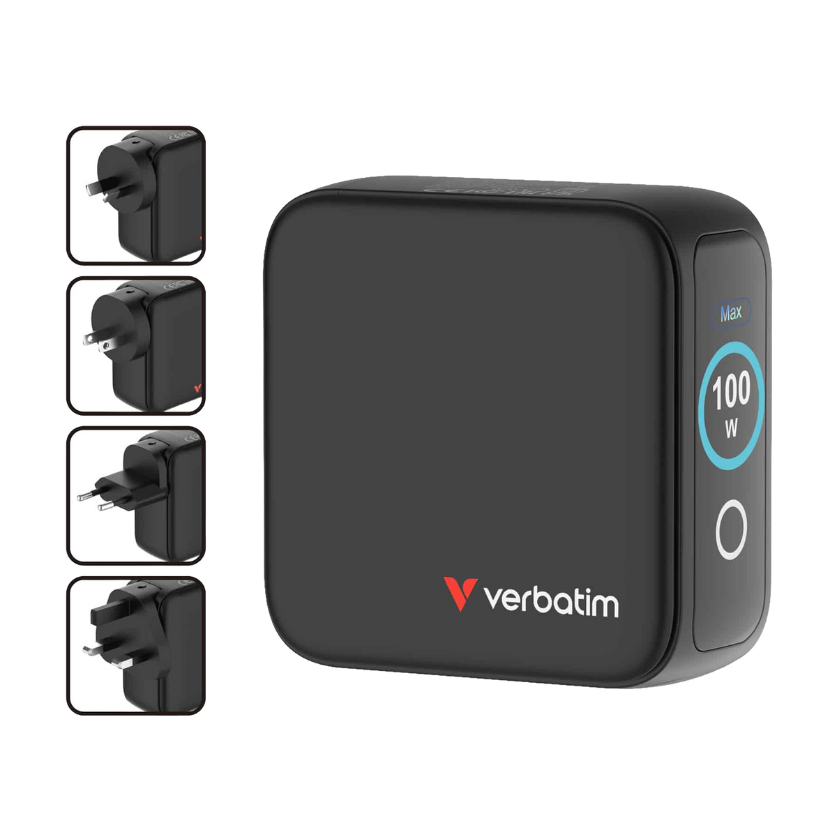 Verbatim Mini GaN Charger 100W with Display Compact 3-port wall charger with USB-C® Power Delivery and Quick Charge 3.0 [PC]