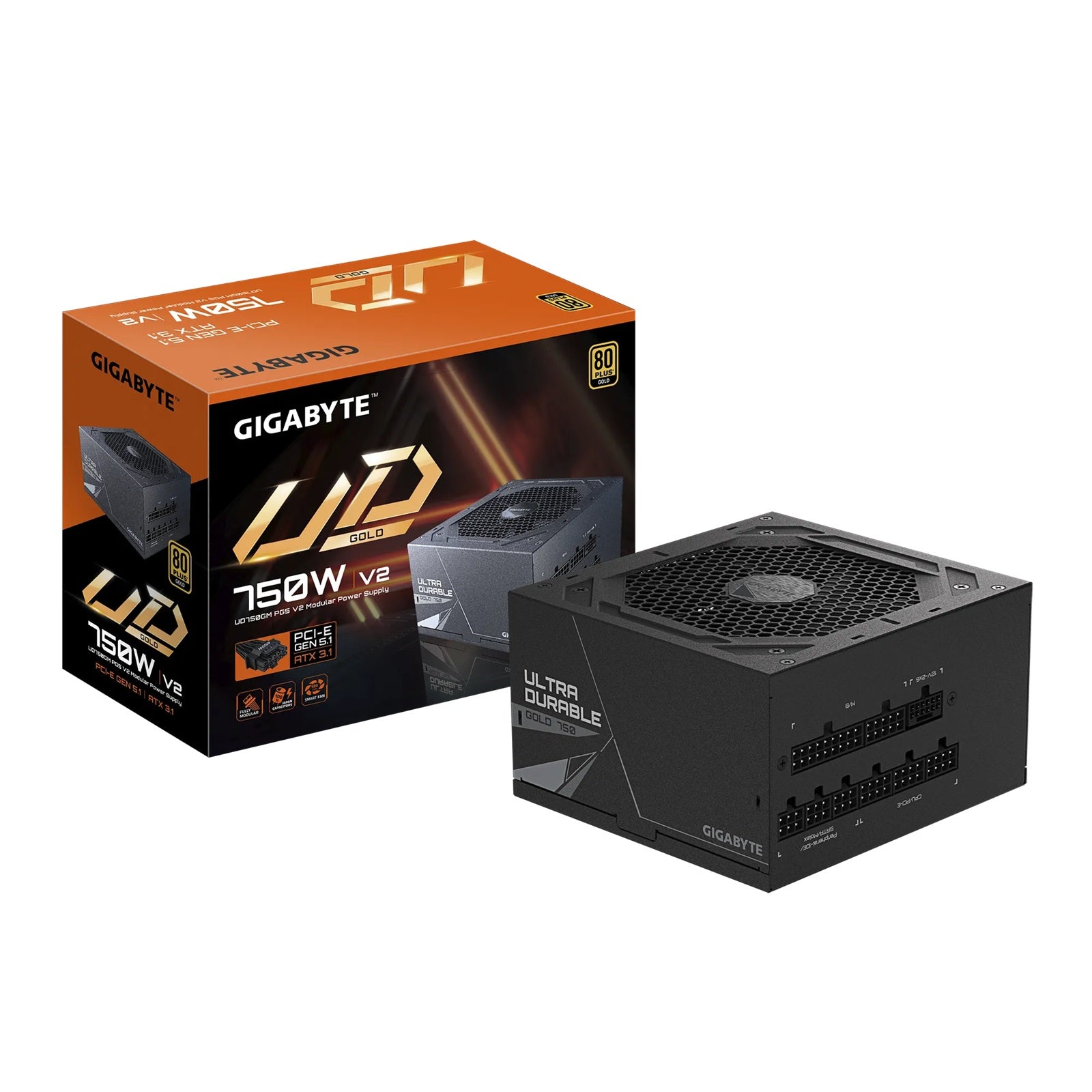 Gigabyte UD750GM PG5 V2, 750W ATX PSU Power Supply 80+ Gold >90% Black Embossed Cables 100-240 Vac >100K Hrs [PC]