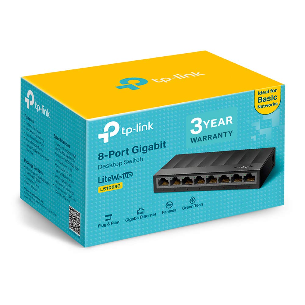 TP-Link LiteWave 8-Port Gigabit Desktop Unmanaged Switch, 8× 10/100/1000Mbps ports, Gigabit Ethernet, Auto-MDI/MDIX, Power-Saving, IEEE 802.3X, Plastic case LS1008G [PC]