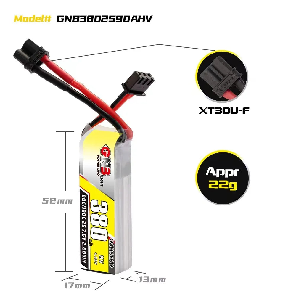 GAONENG GNB LiHV 2S 7.6V 380mAh 90C XT30 LiPo Battery [DG]