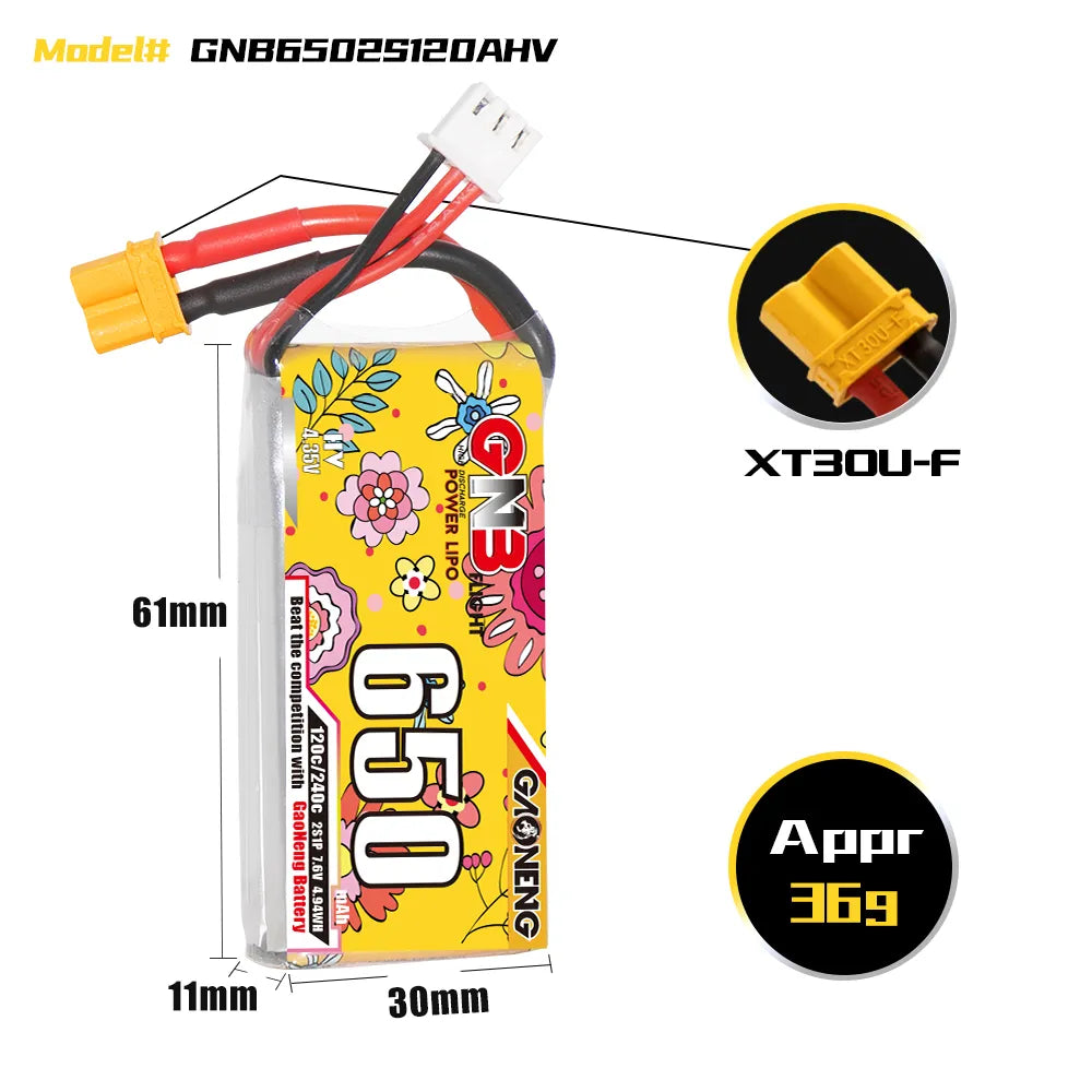 GAONENG GNB LiHV 2S 7.6V 650mAh 120C XT30 LiPo Battery [DG]