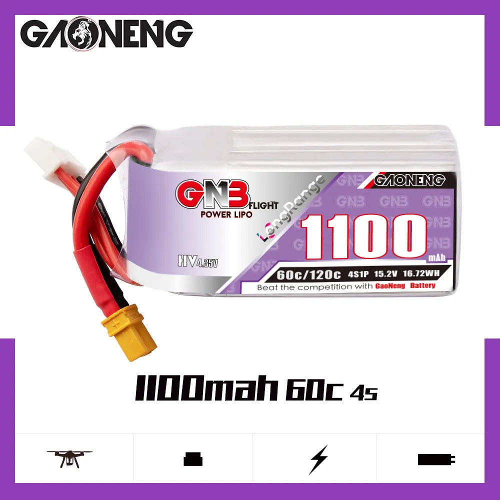 GAONENG GNB LiHV 4S 15.2V 1100mAh 60C XT30 LiPo Battery LongRange [DG]
