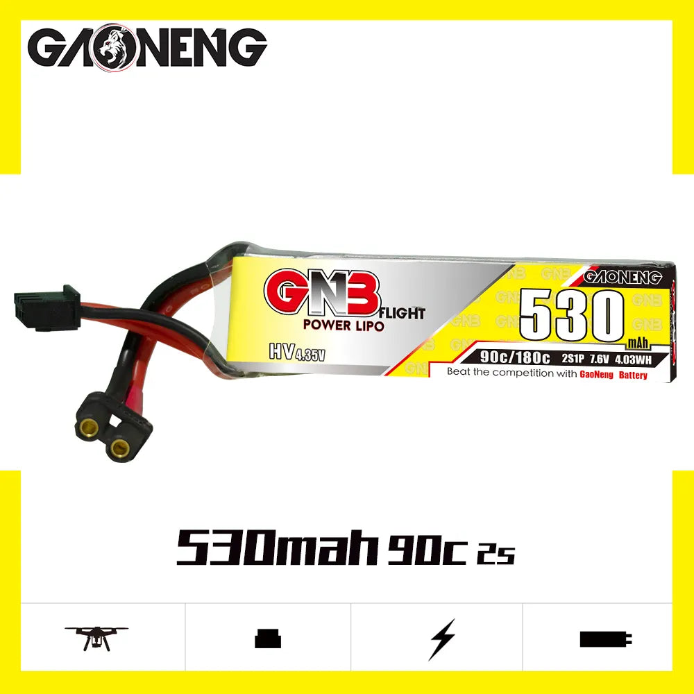 GAONENG GNB LiHV 2S 7.6V 530mAh 90C XT30 LiPo Battery Long Type [DG]