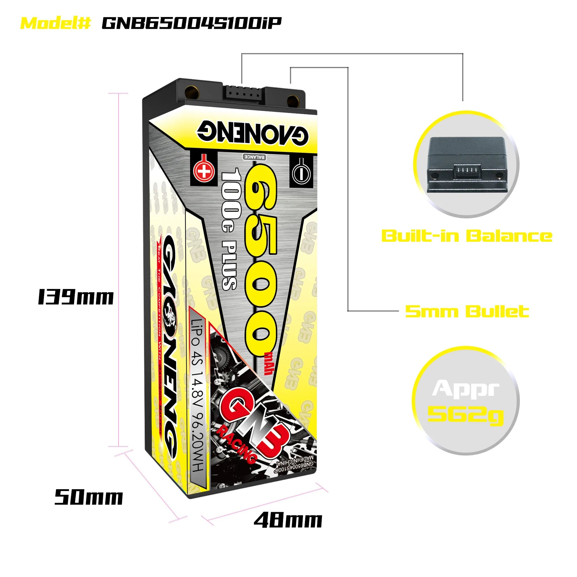 GAONENG GNB 4S 14.8V 6500mAh 100C 5mm Bullet Hard Case LiPo Battery [DG]