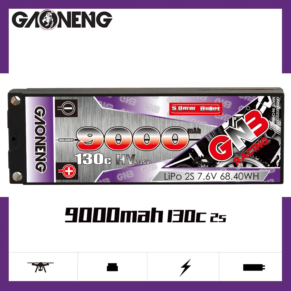 GAONENG GNB LiHV 2S 7.6V 9000mAh 130C 5mm Bullet Hard Case LiPo Battery [DG]