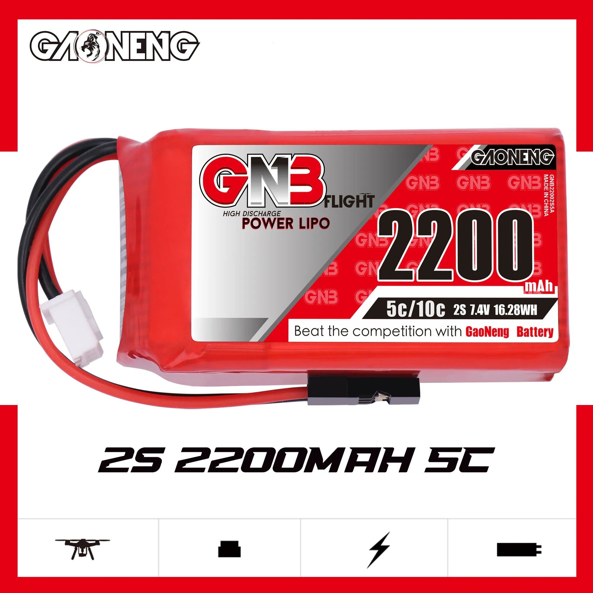 GAONENG GNB 2S 7.4V 2200mAh 5C LiPo Battery JR Plug for RX TX [DG]