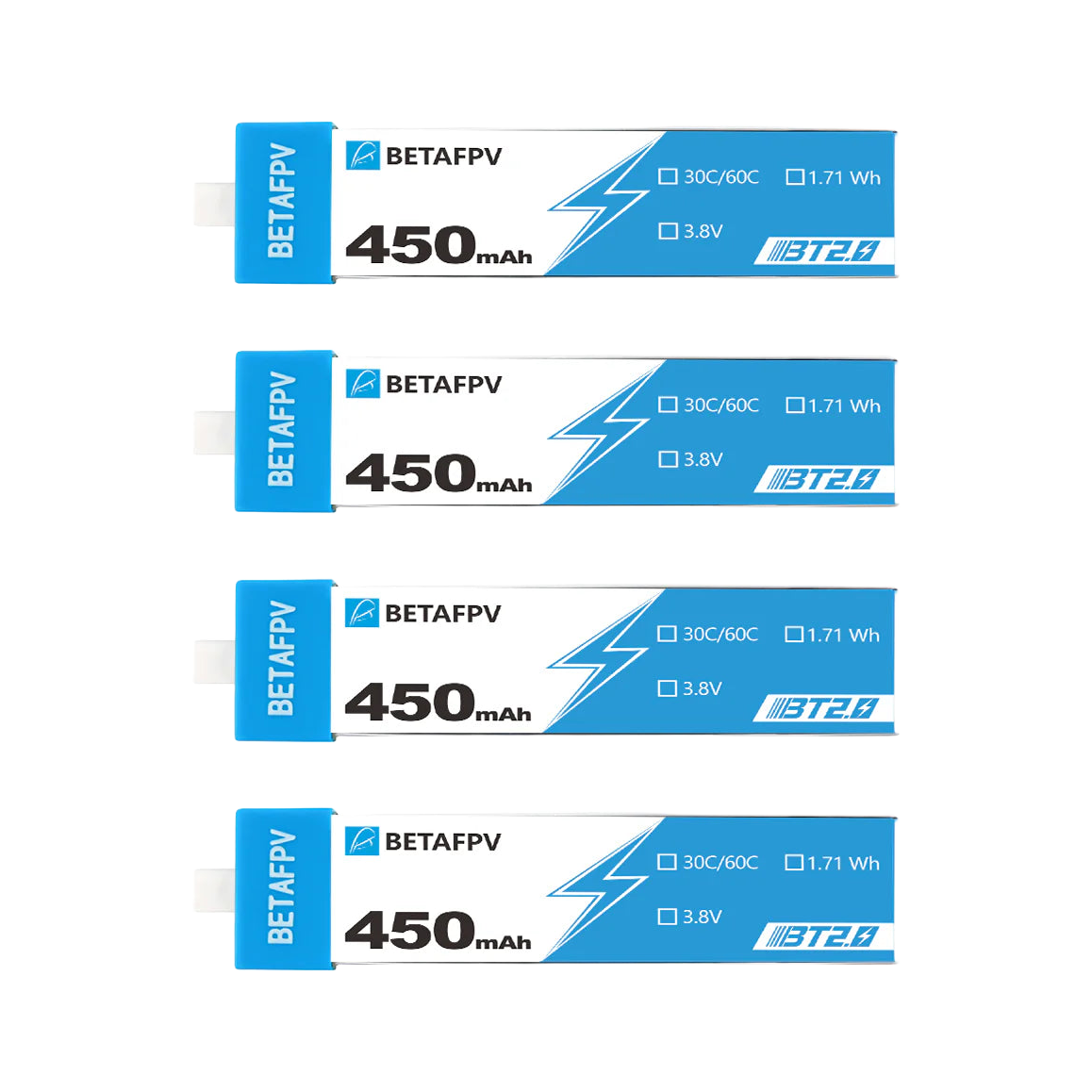 BetaFPV 450mAh 3.7V 1S 30C BT2.0 LiPo Battery (4 Pack) [DG]